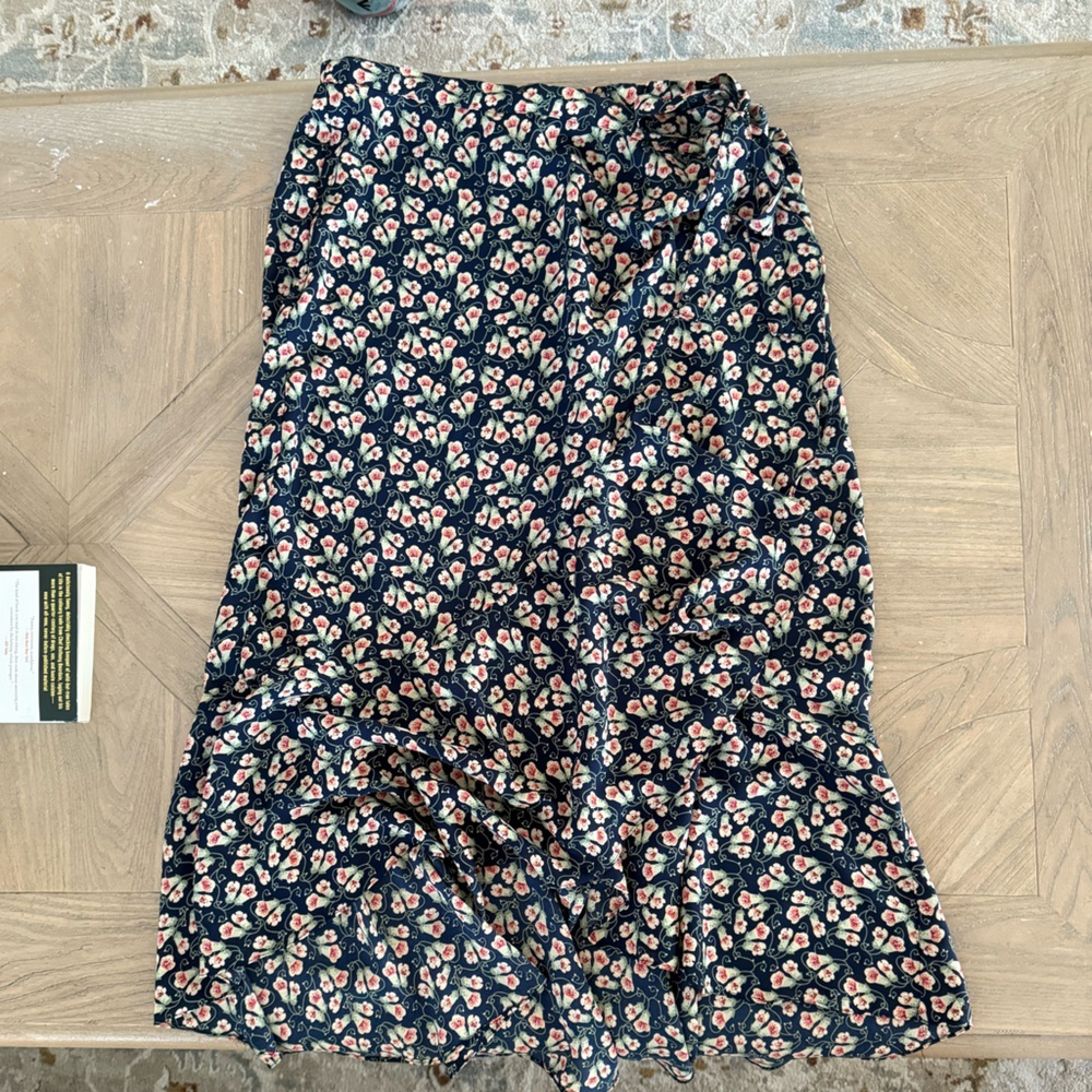 Max Studio Navy Long Skirt with Pink Floral Pattern